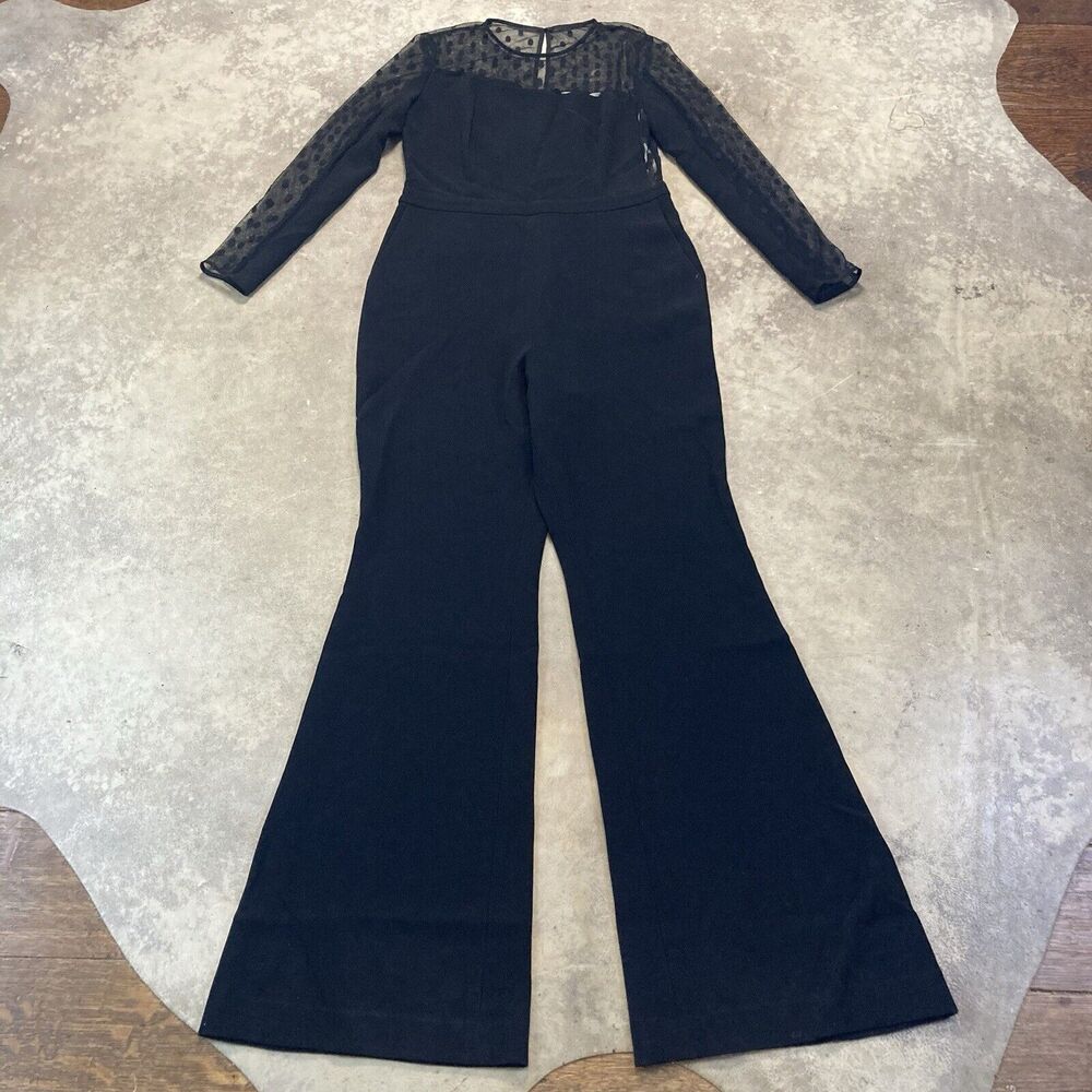 Rachel Zoe Amber Jumpsuit Womens 12 Black Sheer Mesh Neckline and Sleeves